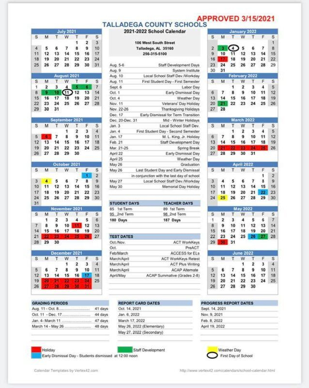 2021-2022 Talladega County Schools Calendar Released