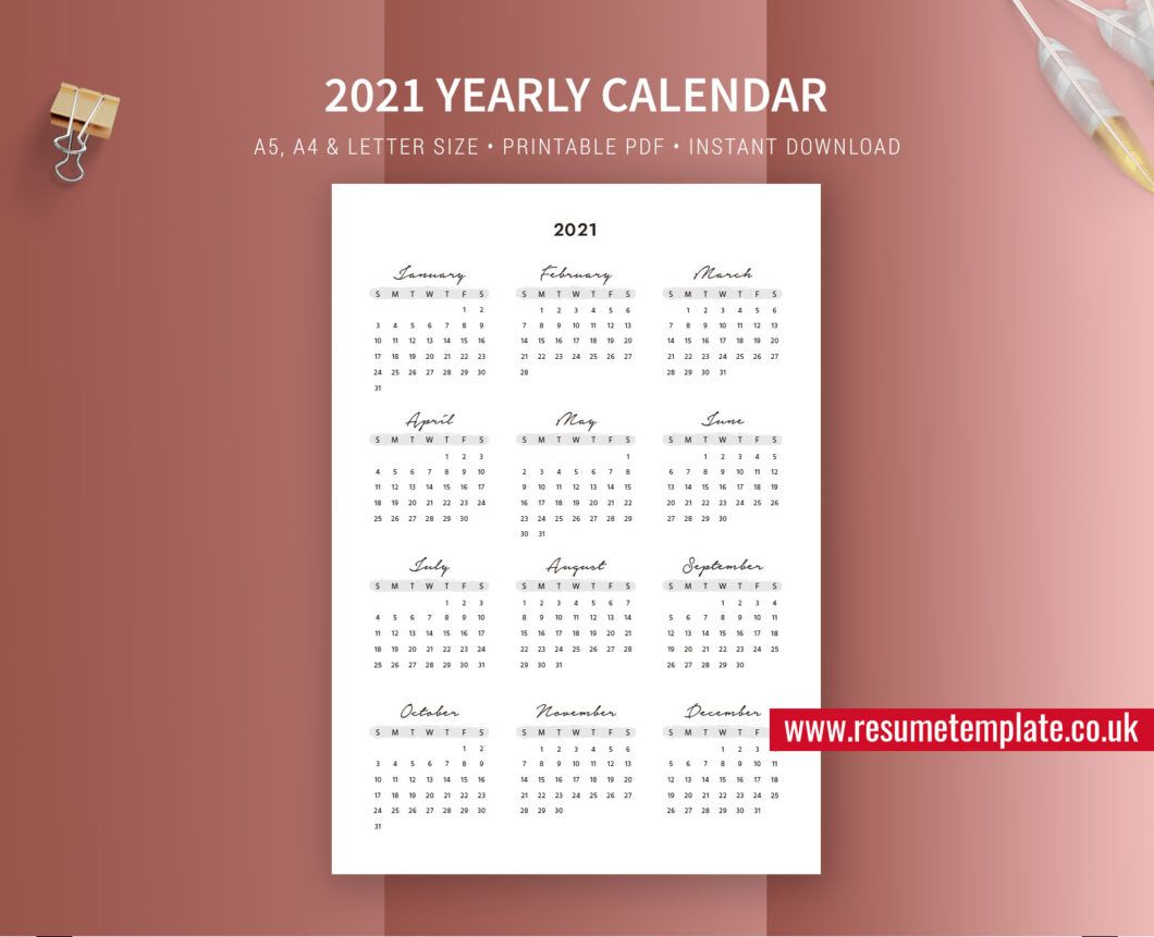 2021-2022 Yearly Calendar, Year At A Glance, Printable