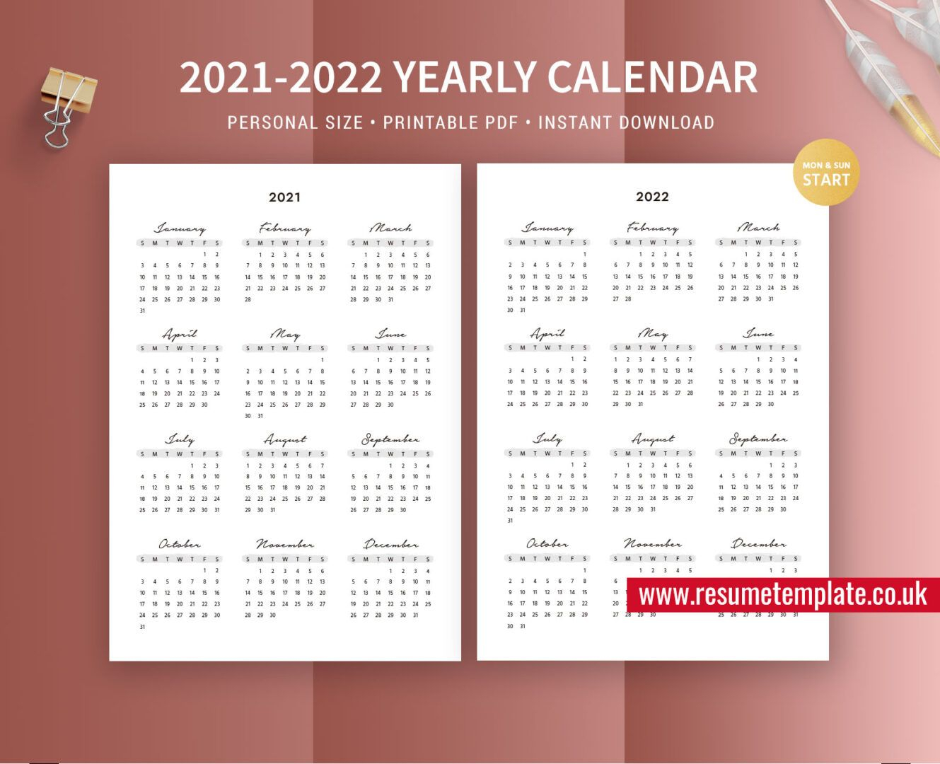 2021-2022 Yearly Calendar, Year At A Glance, Printable