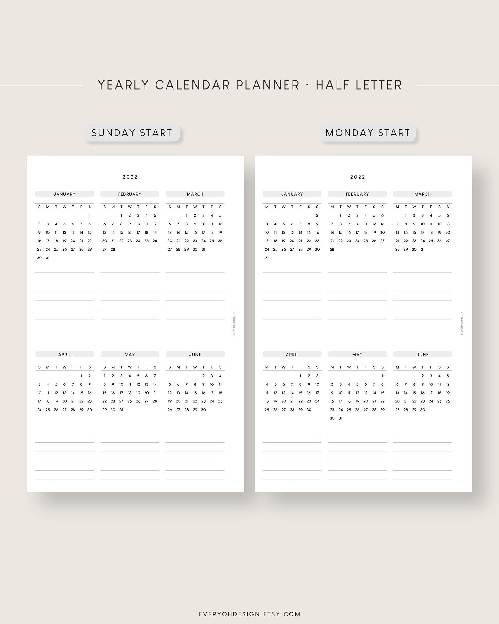 2021-2022 Yearly Planner Half Inserts Printable Calendar
