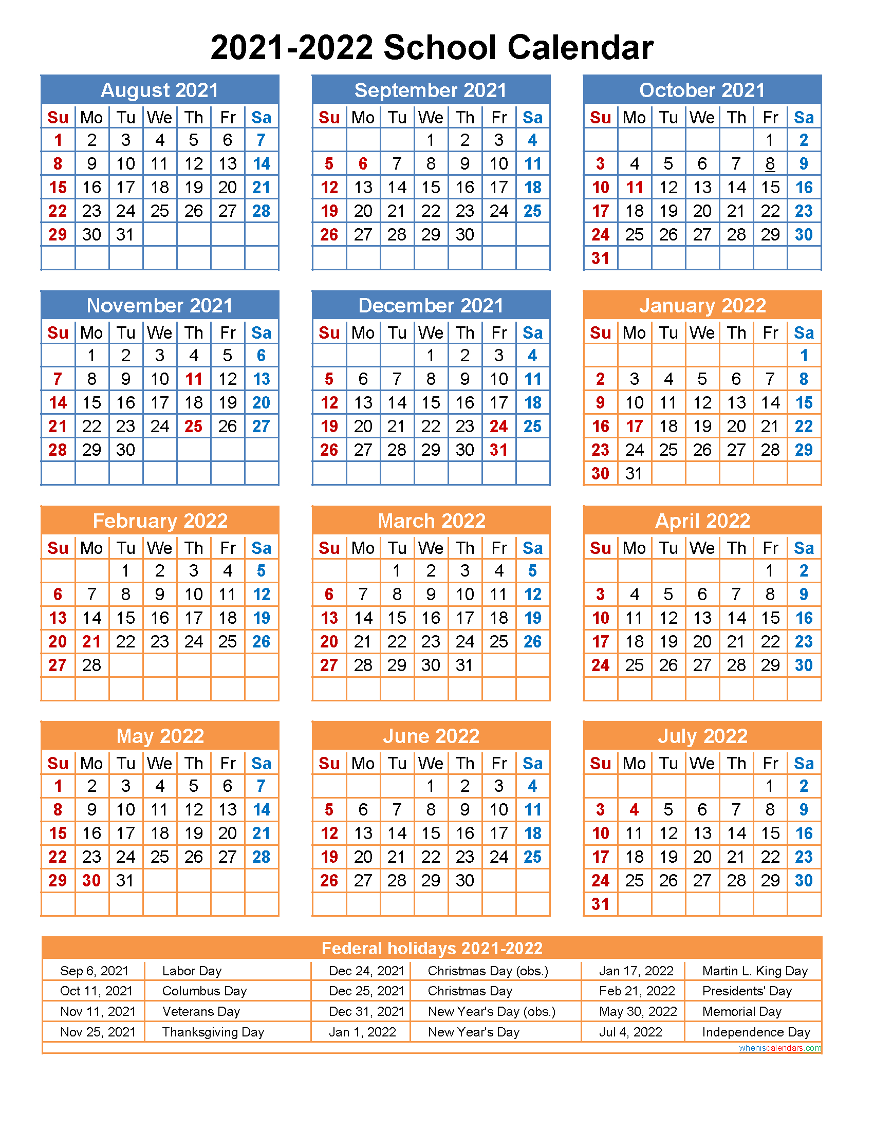 2021 And 2022 School Calendar Printable (Portrait