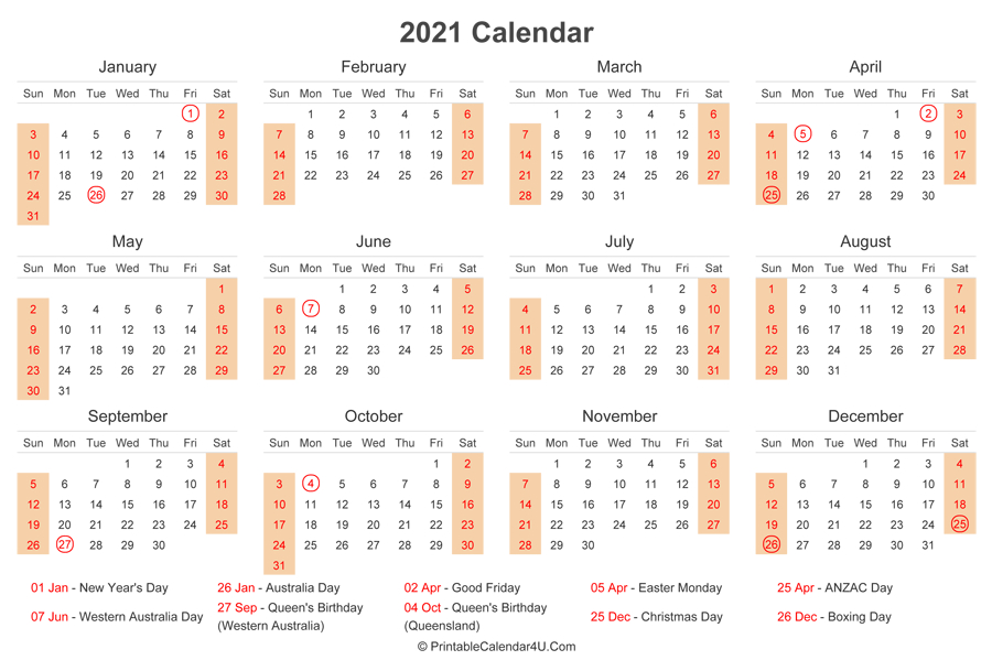 2021 Calendar With Australia Holidays At Bottom (Landscape