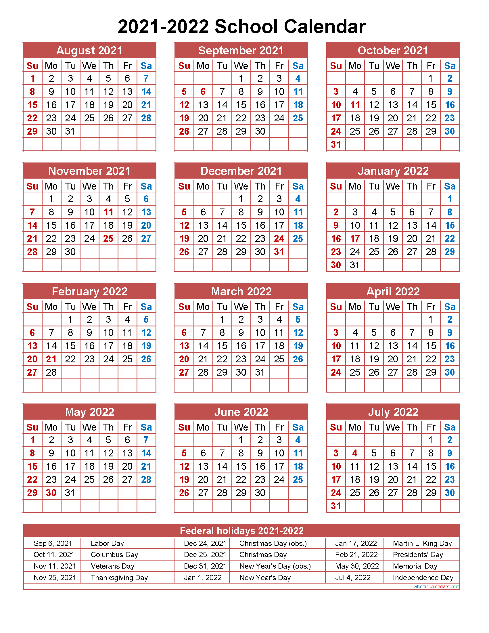 2021 To 2022 School Calendar | Printable Calendars 2021