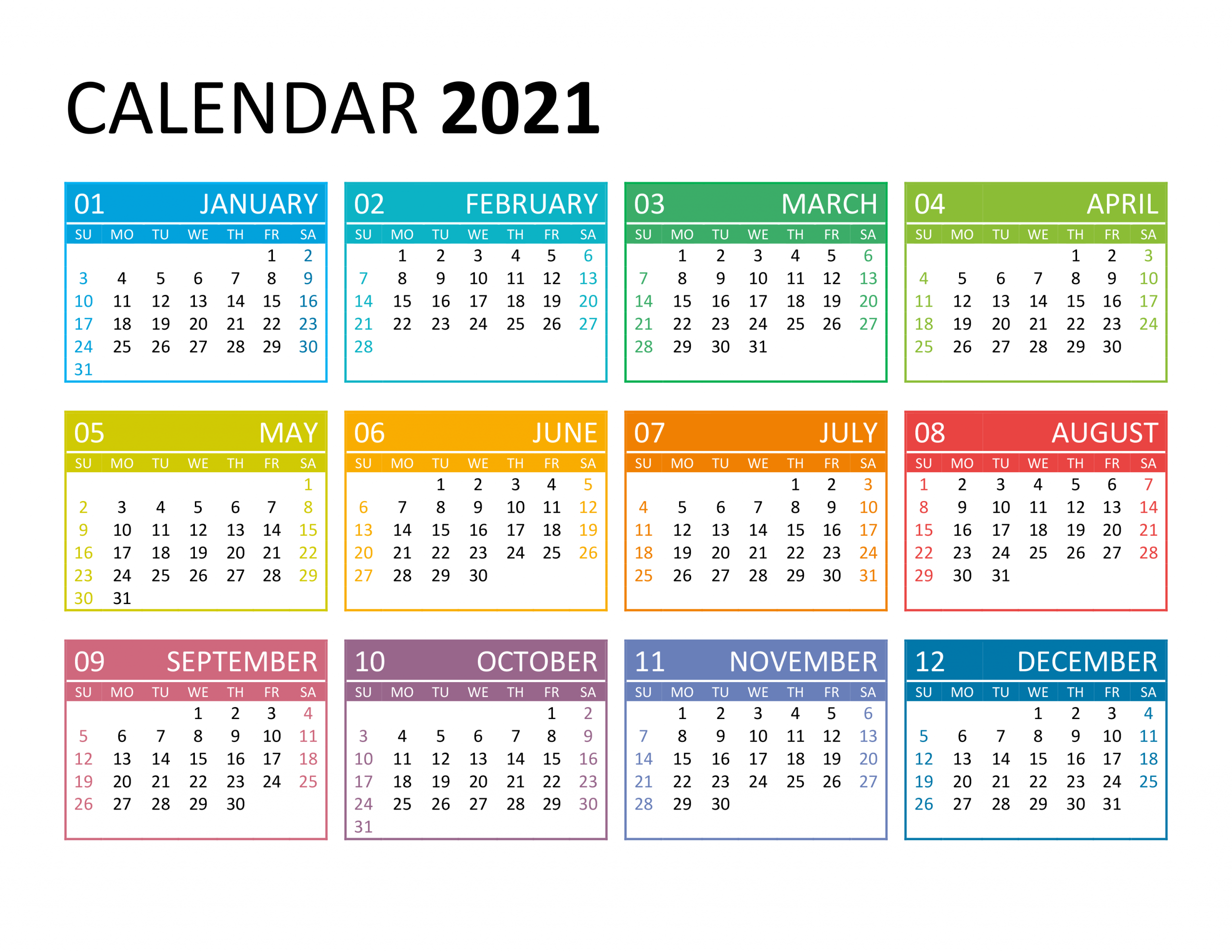 2021 Yearly Calendar Printable Word / 2021 Monthly