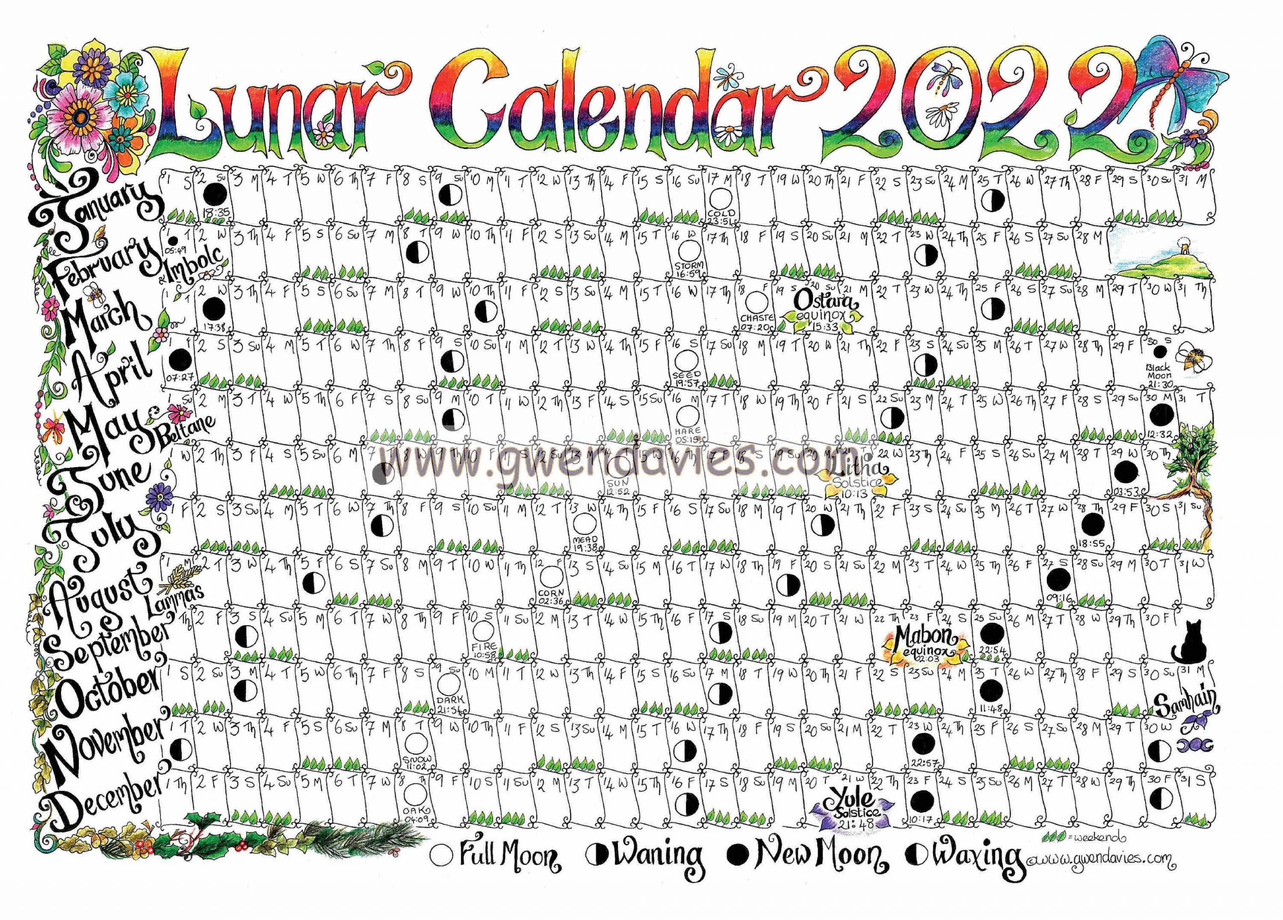 2022 A4 Lunar Moon Calendar Plus Wheel Of The Year