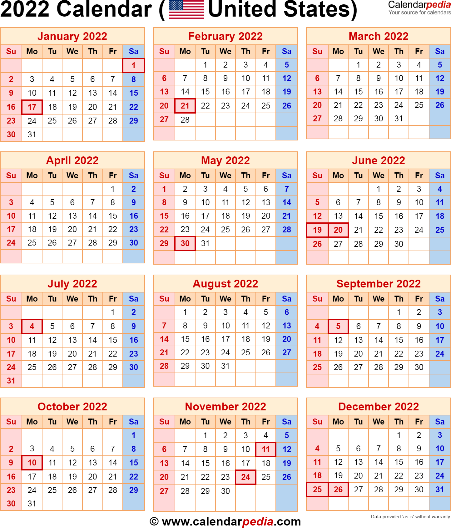 2022 And 2022 Calendar With Holidays