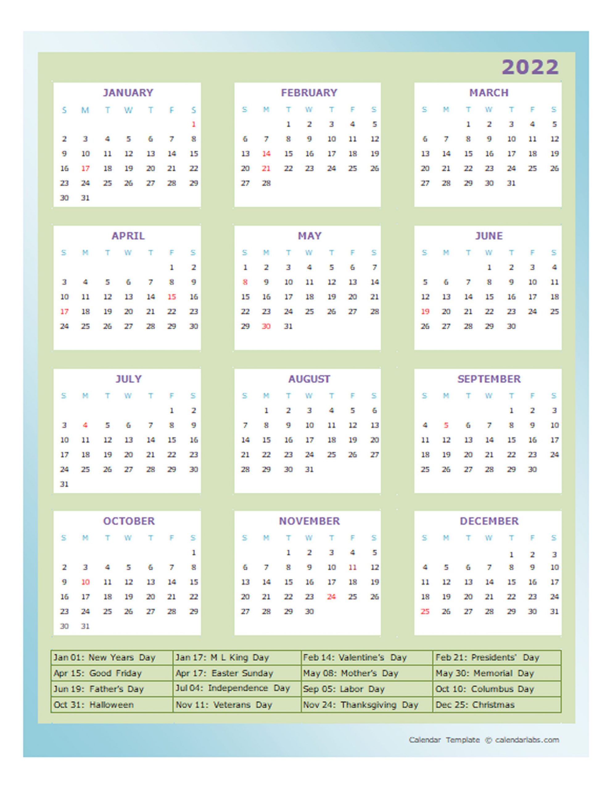 2022 Annual Calendar Design Template - Free Printable