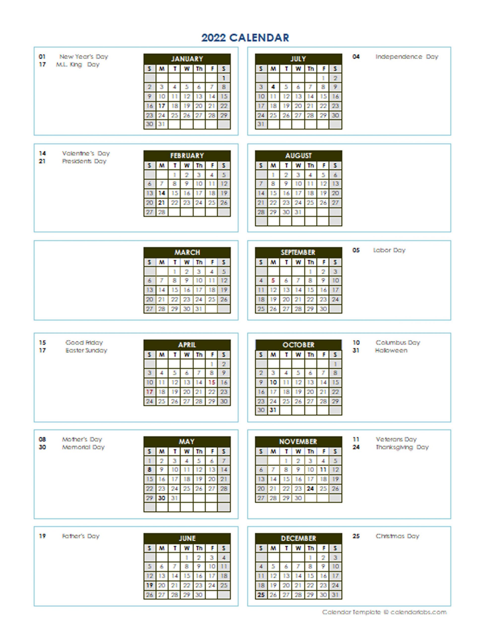 2022 Annual Calendar Vertical Template - Free Printable