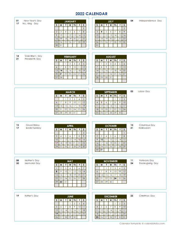 2022 Annual Calendar Vertical Template - Free Printable