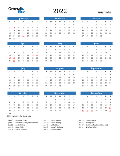 2022 Australia Calendar With Holidays