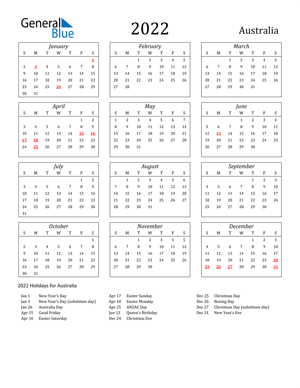 2022 Australia Calendar With Holidays
