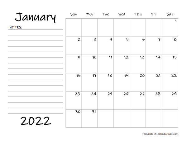 2022 Blank Calendar Template With Notes - Free Printable