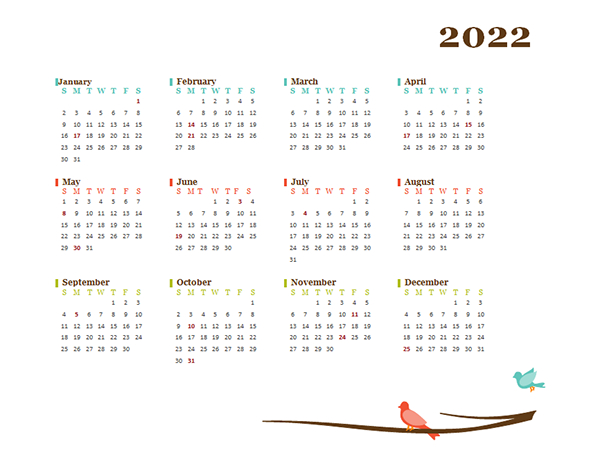 2022 Blank Yearly Calendar Bird Template - Free Printable
