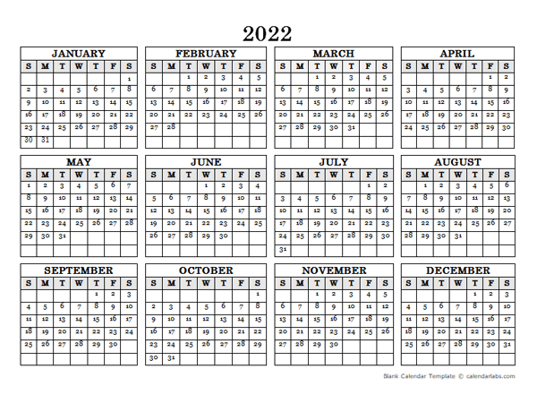 2022 Blank Yearly Calendar Landscape - Free Printable