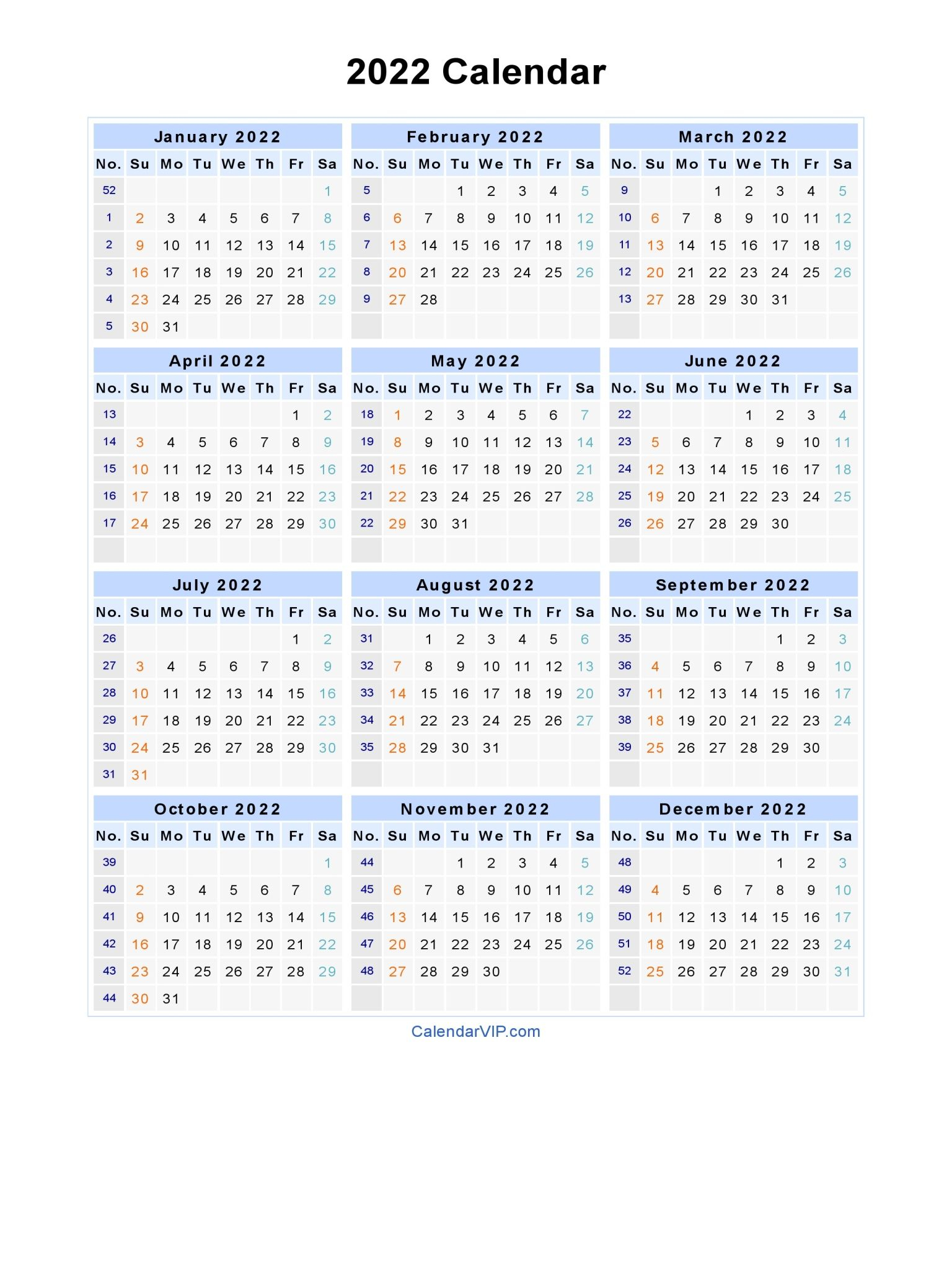 2022 Calendar - Blank Printable Calendar Template In Pdf
