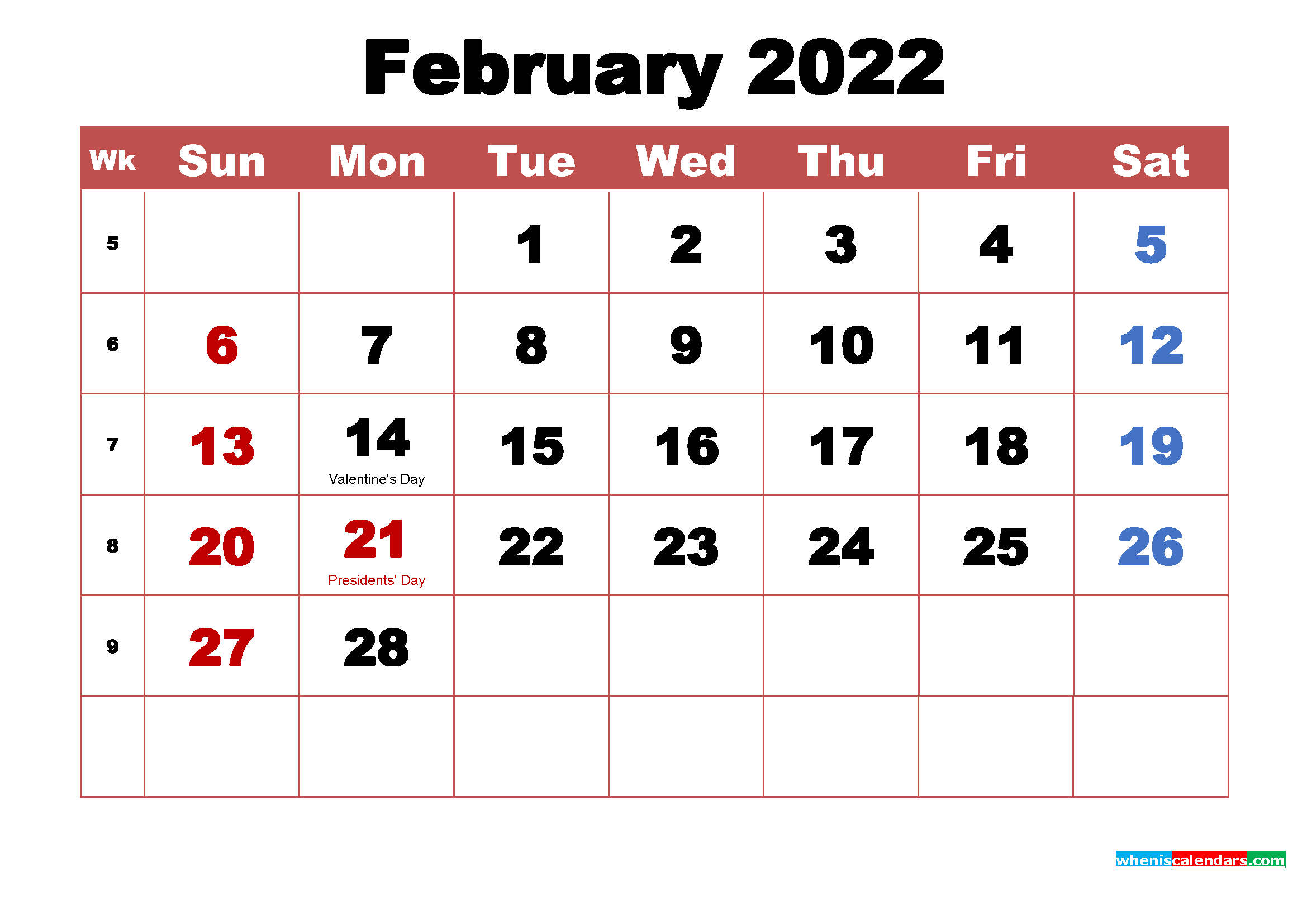 2022 Calendar Feb