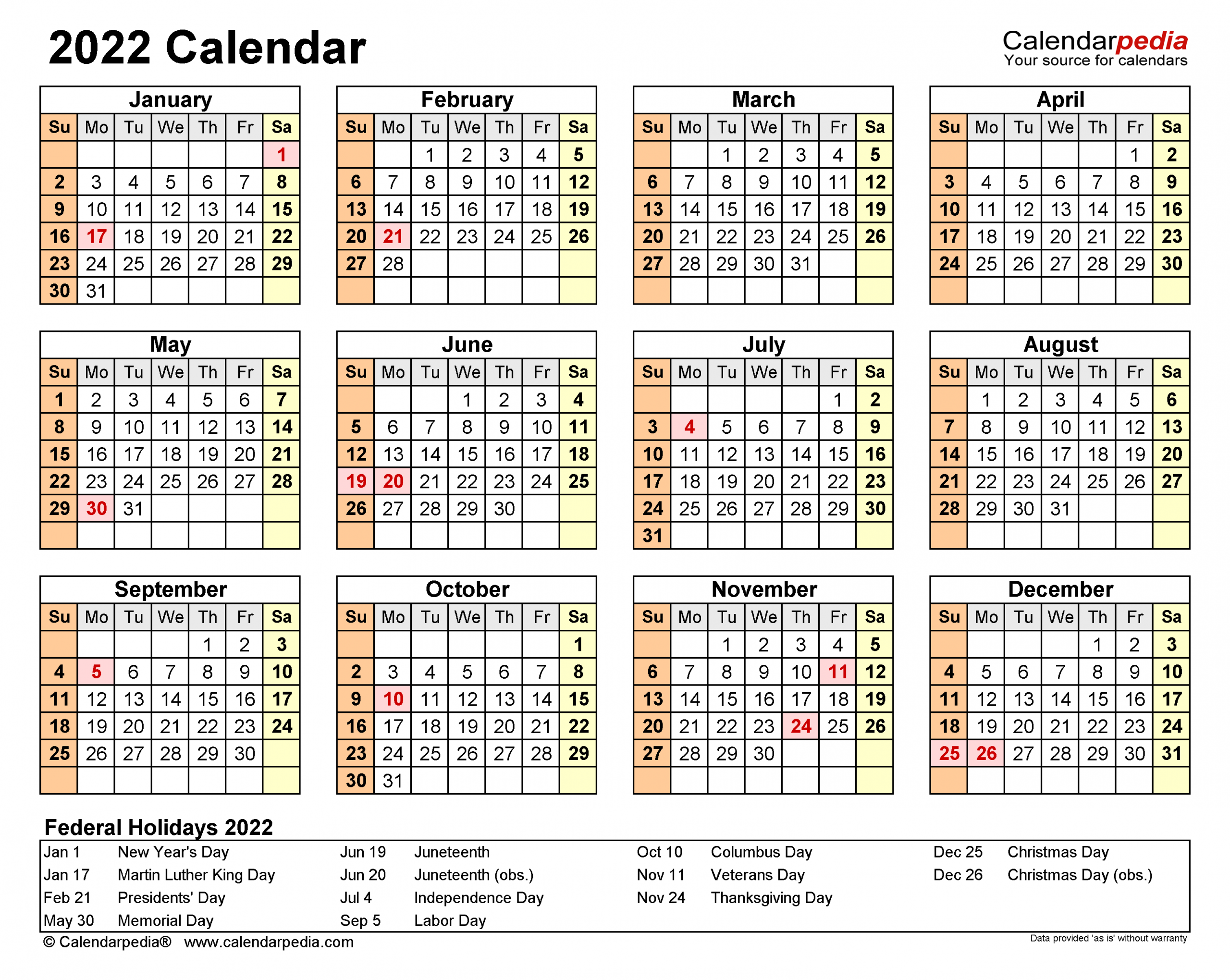 2022 Calendar - Free Printable Word Templates - Calendarpedia