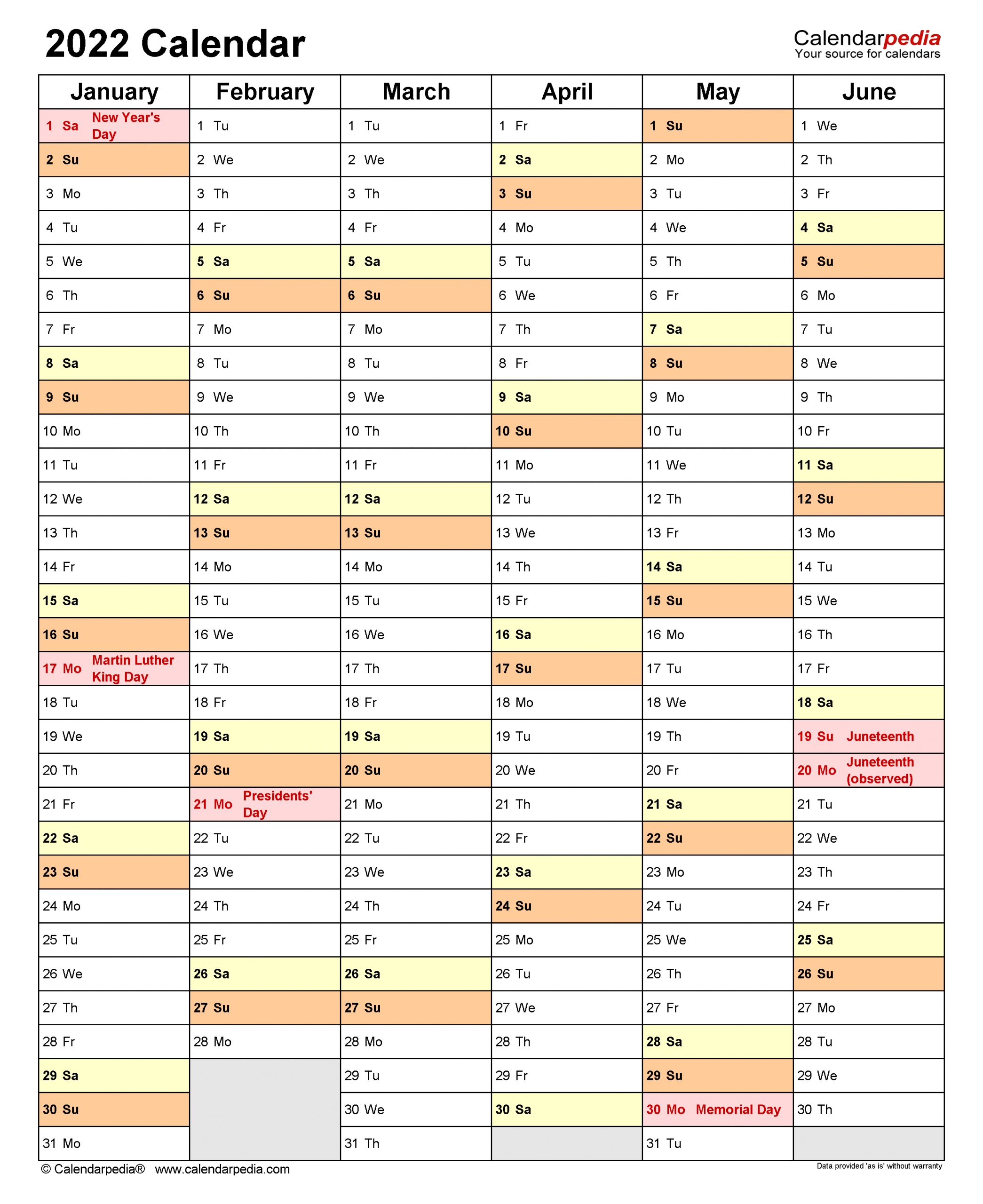 2022 Calendar - Free Printable Word Templates - Calendarpedia