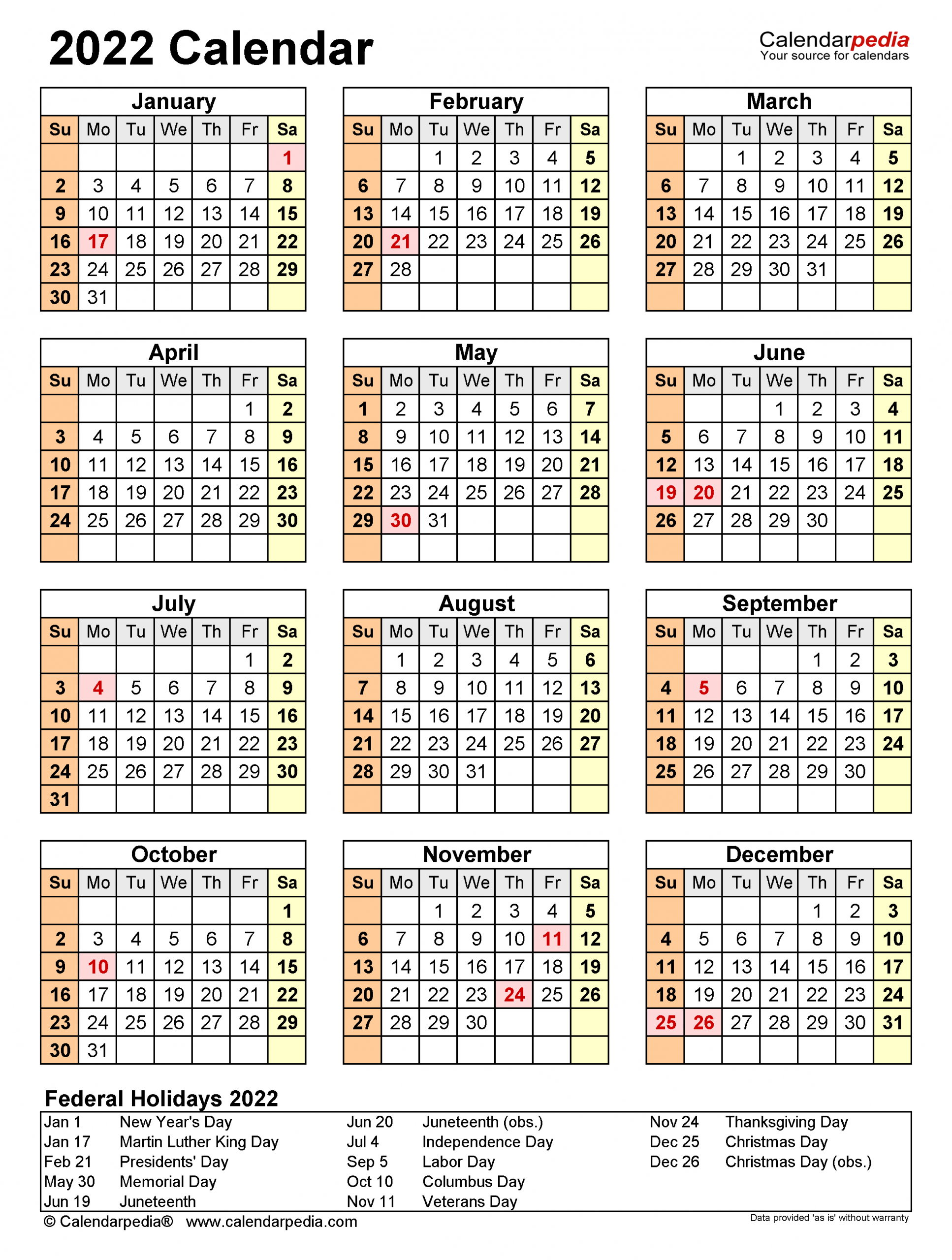 2022 Calendar - Free Printable Word Templates - Calendarpedia