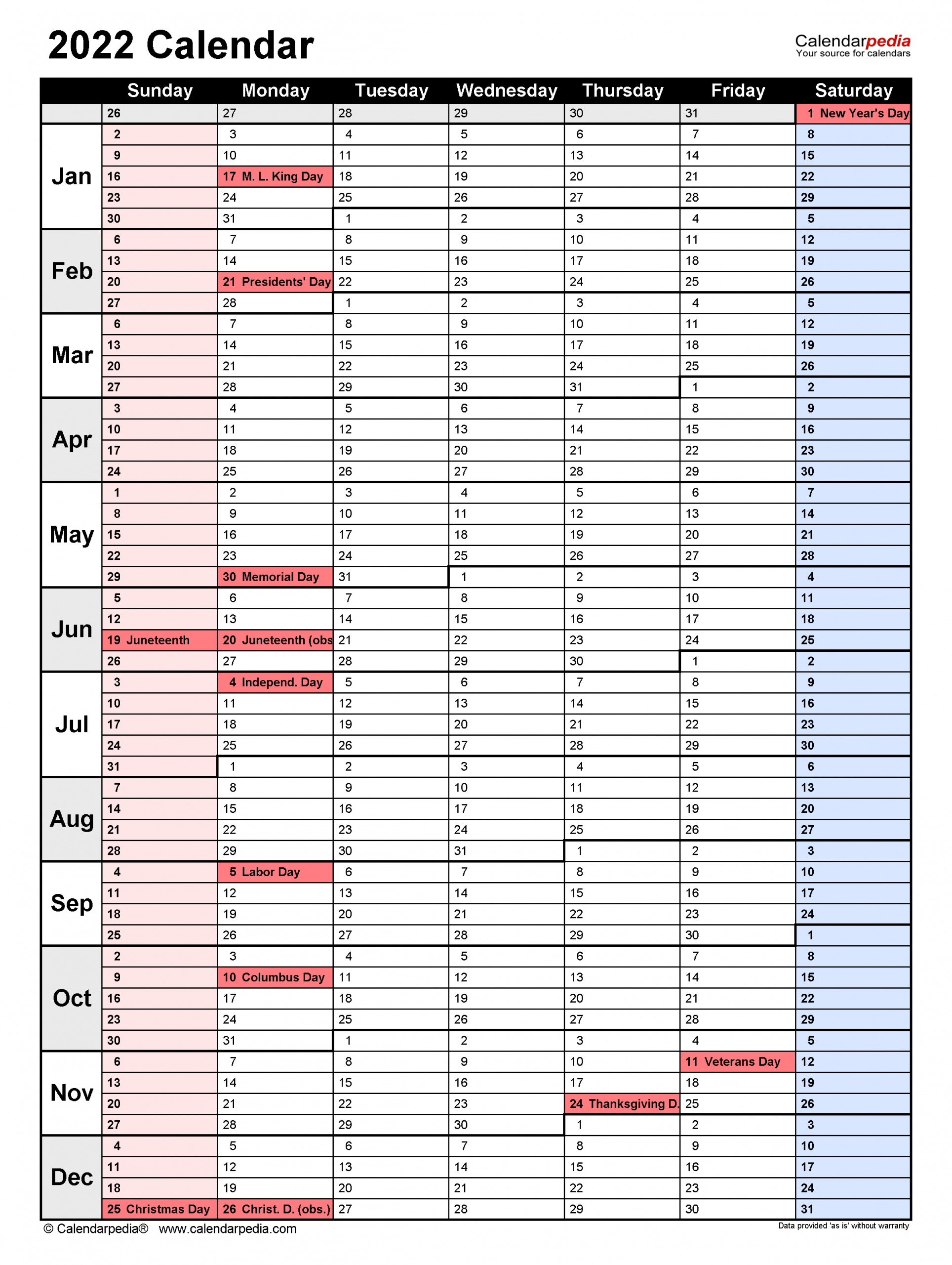 2022 Calendar - Free Printable Word Templates - Calendarpedia