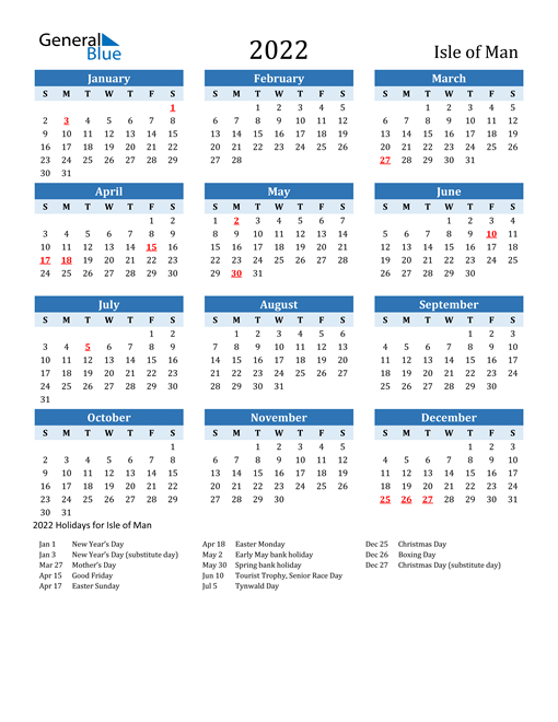 2022 Calendar - Isle Of Man With Holidays