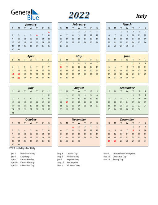 2022 Calendar - Italy With Holidays