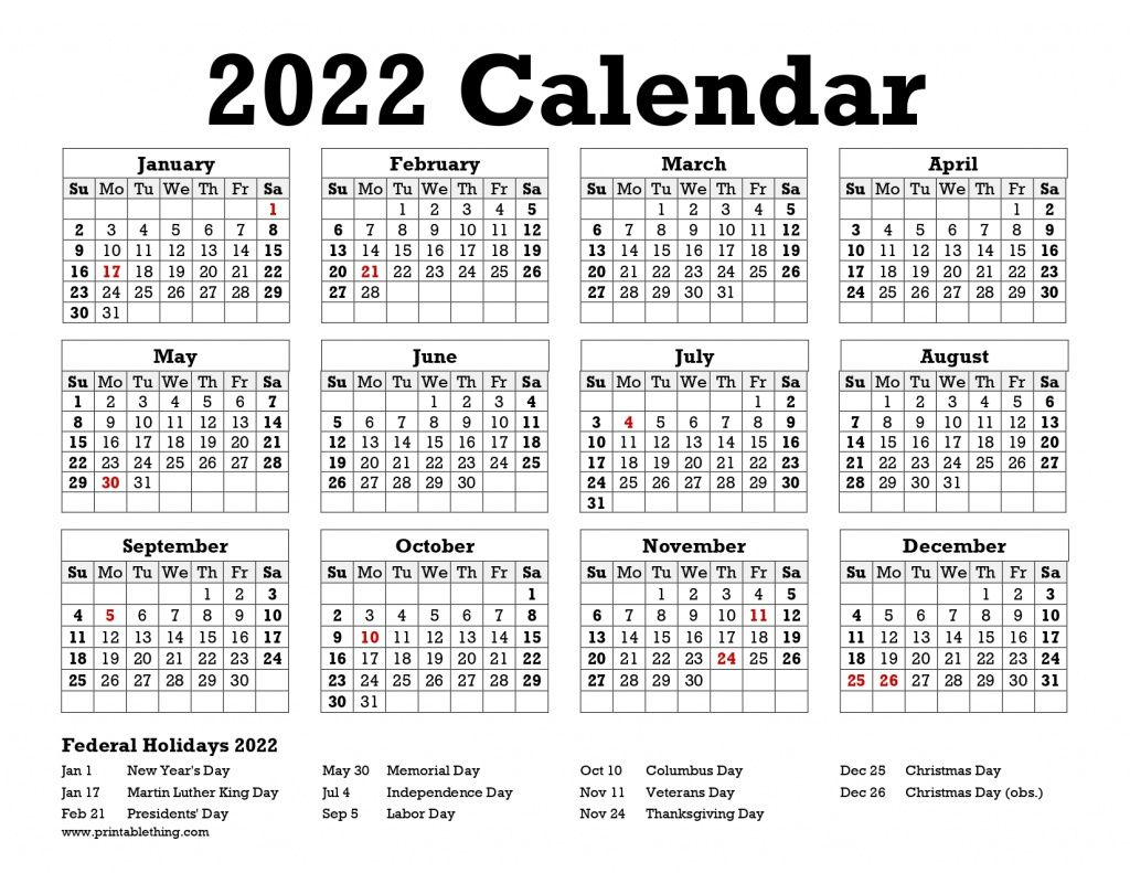 2022 Calendar On One Page