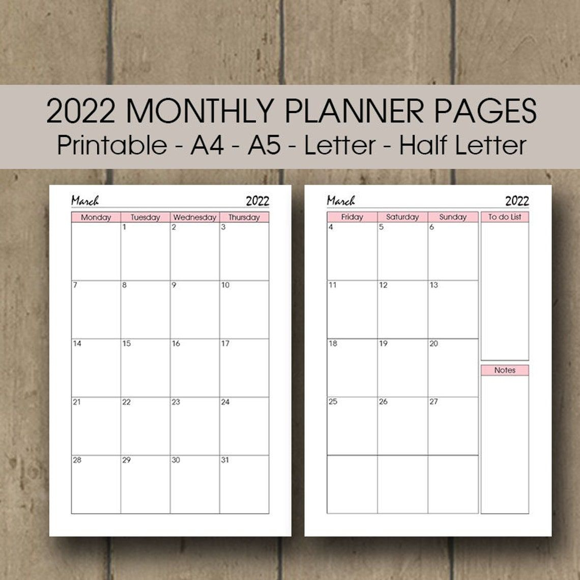 2022 Calendar Page Printable 2022 Monthly Planner Insert