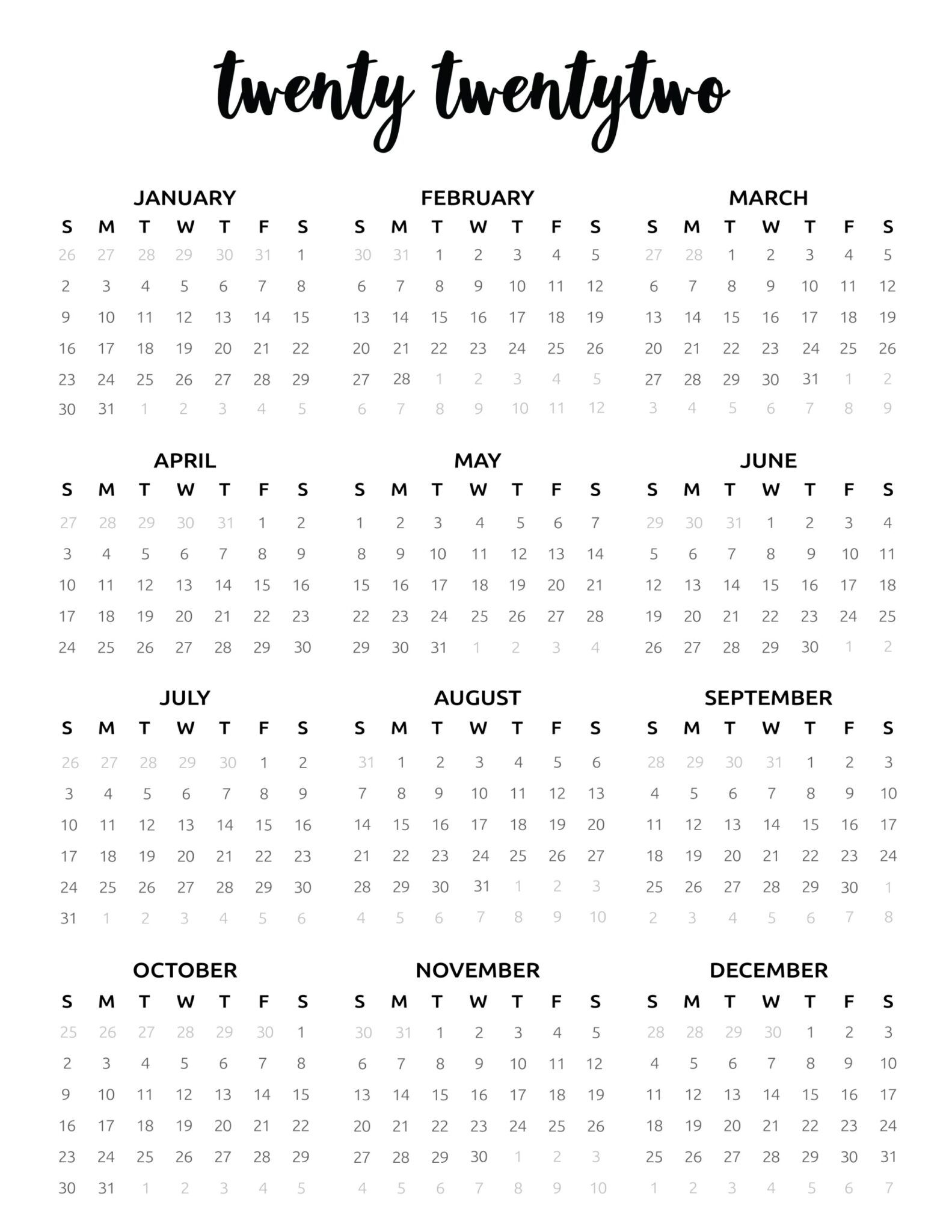 2022 Calendar Printable Free Template - World Of Printables