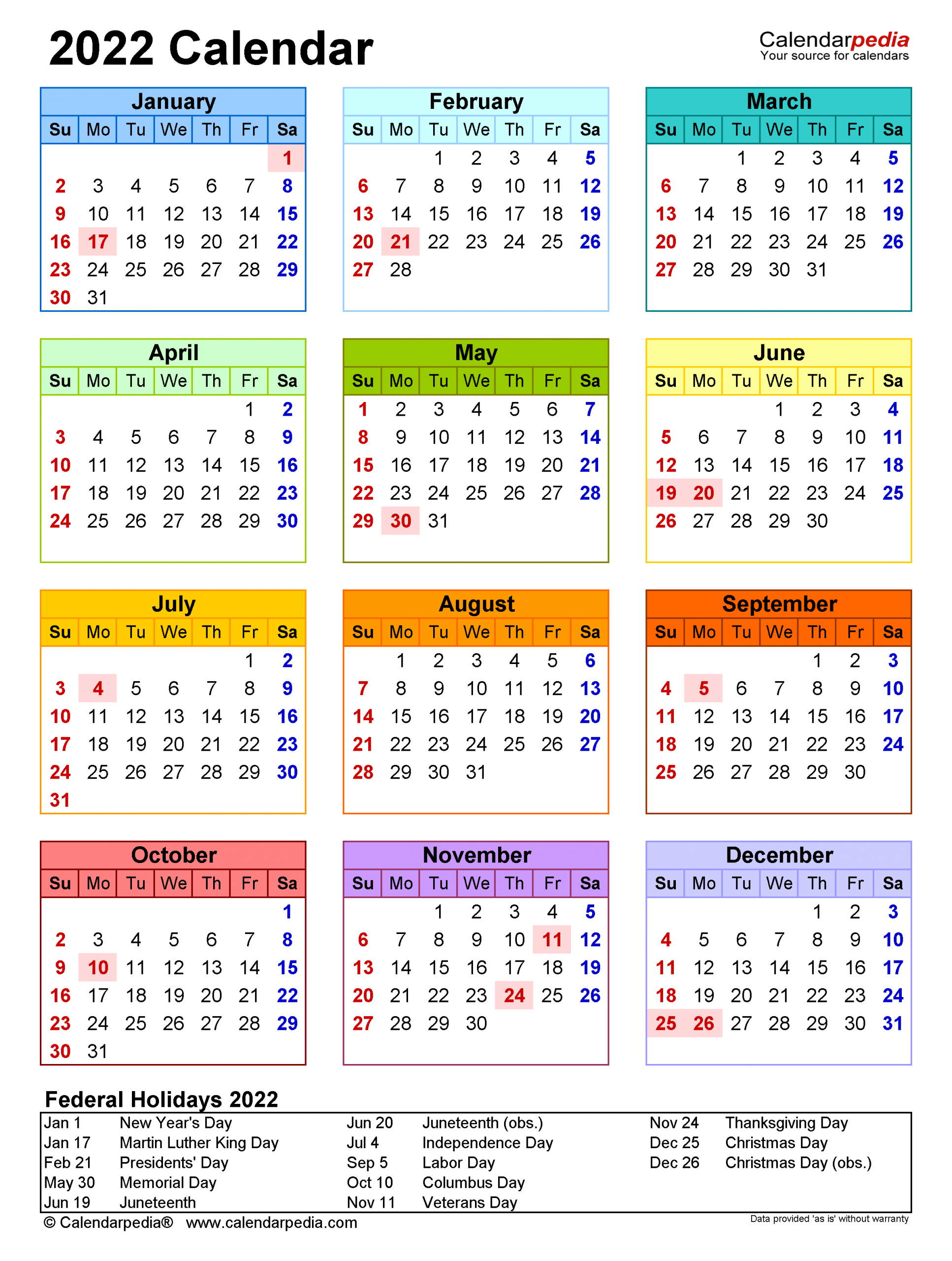 2022 Calendar Printable One Page / 2022 Calendar - Free