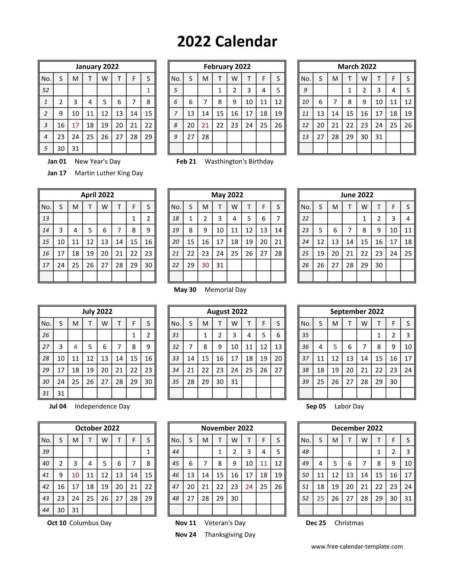 2022 Calendar Printable One Page / 2022 Calendar - Free
