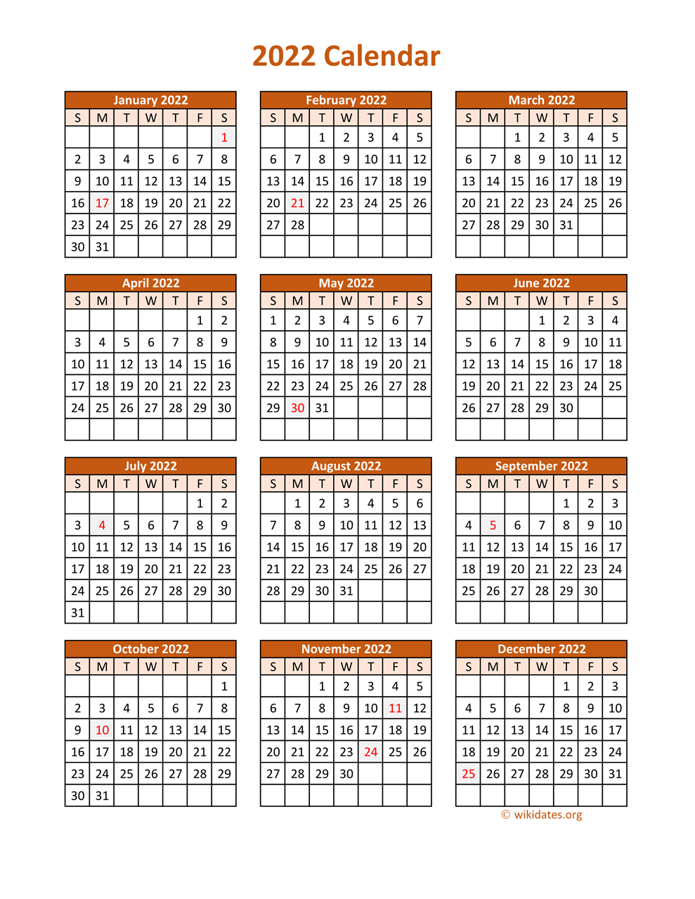 2022 Calendar Printable One Page - 2022 Holiday Calendar