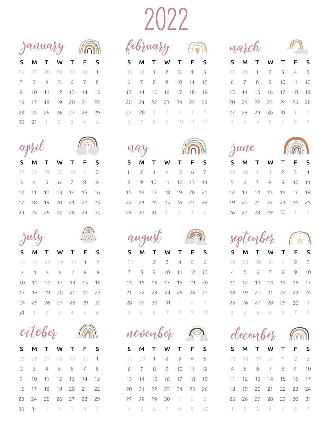 2022 Calendar Printable One Page / Free Printable