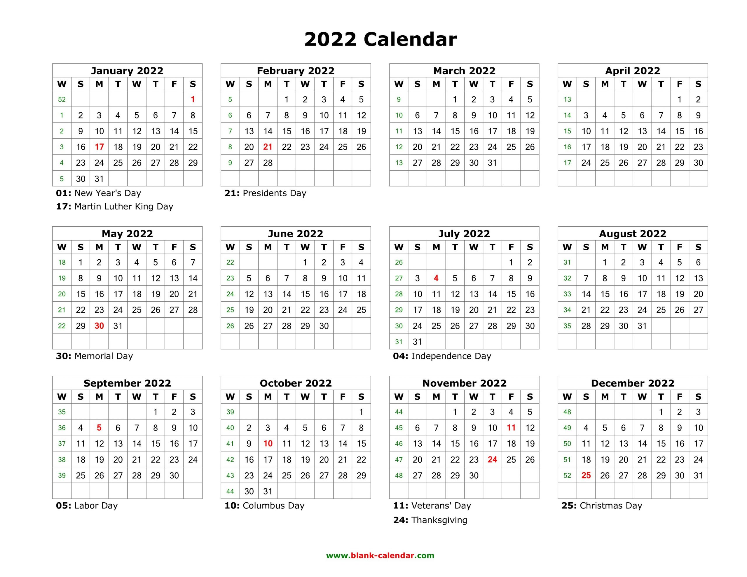 2022 Calendar Printable