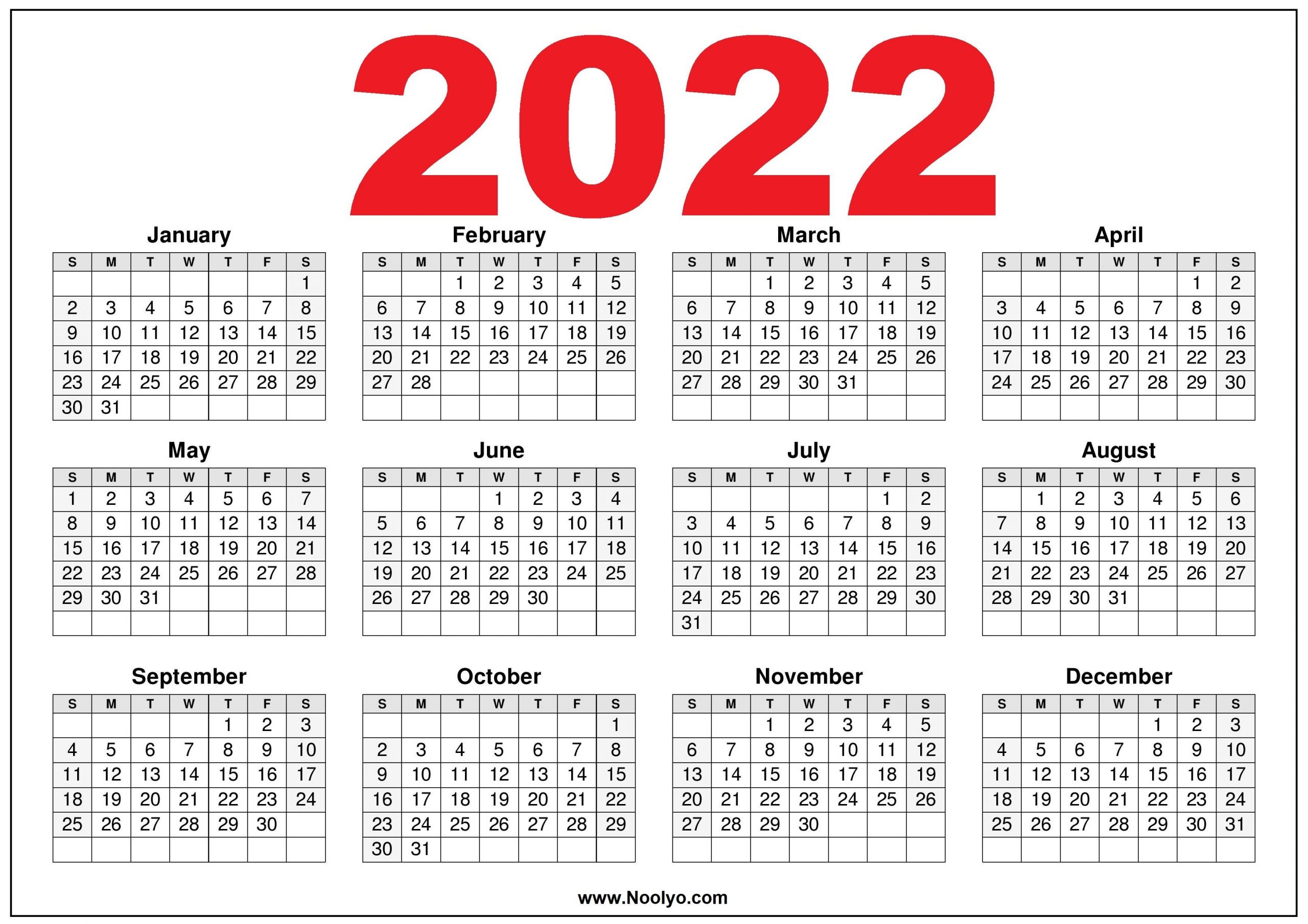 2022 Calendar Printable Us - Download Free - Noolyo