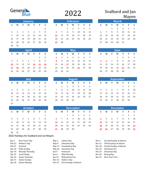 2022 Calendar - Svalbard And Jan Mayen With Holidays