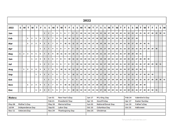 2022 Calendar Template Year At A Glance - Free Printable