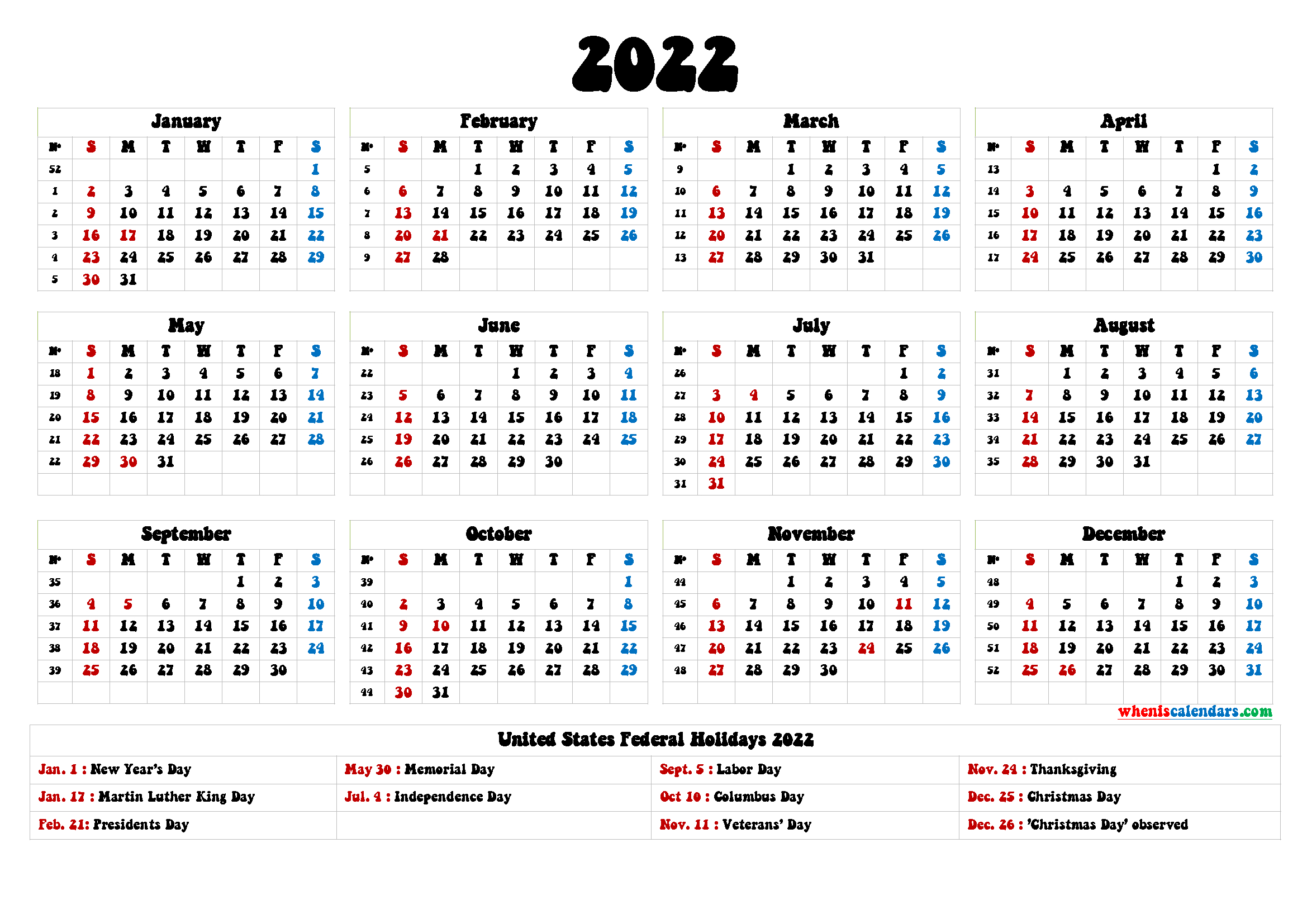 2022 Calendar With Holidays Printable - 9 Templates