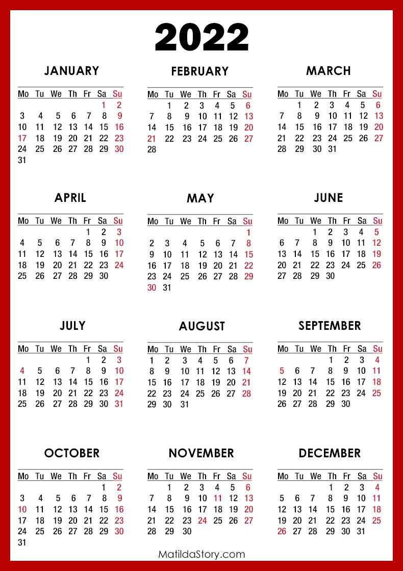 2022 Calendar With Holidays, Printable Free, Red - Monday
