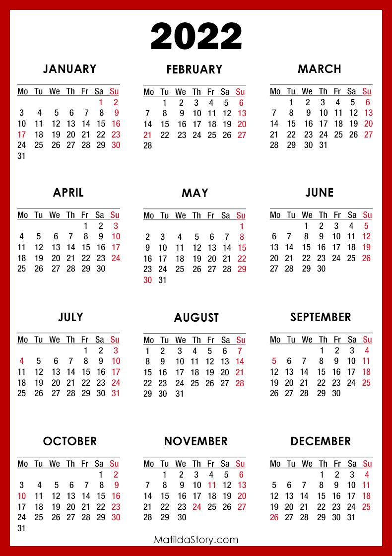 Free Printable Calendar 2022 Monday Start