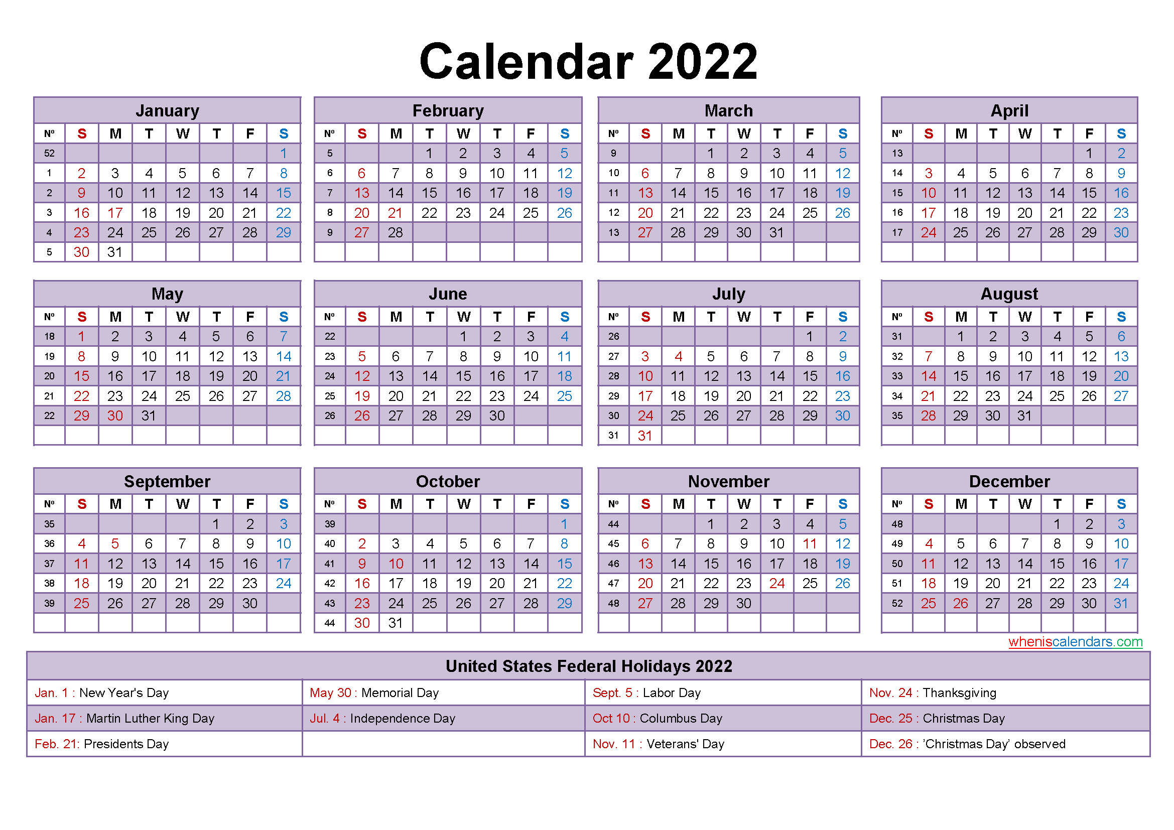 2022 Calendar With Holidays Template Word, Pdf