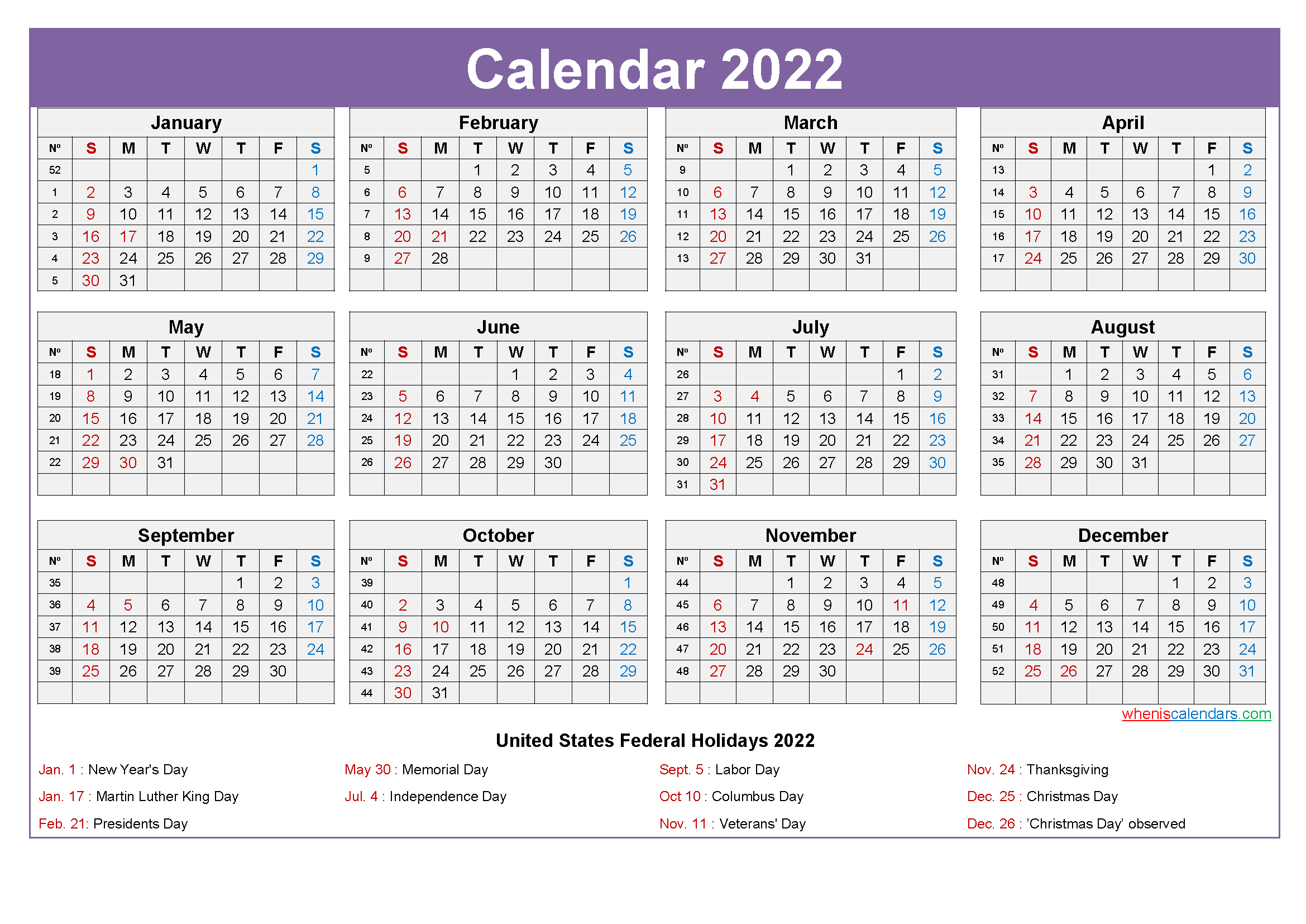 2022 Calendar With Holidays Template Word, Pdf