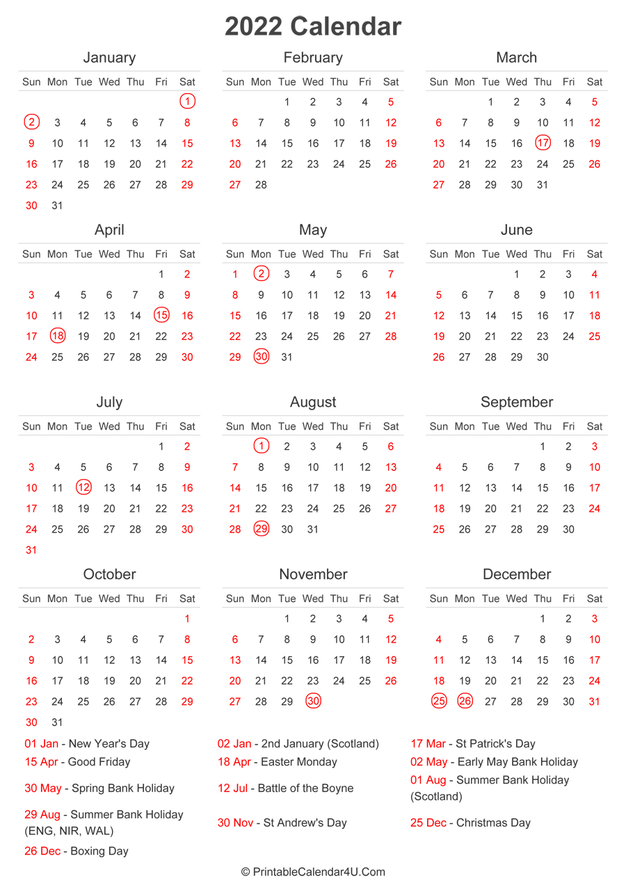 2022 Calendar With Uk Bank Holidays At Bottom (Portrait
