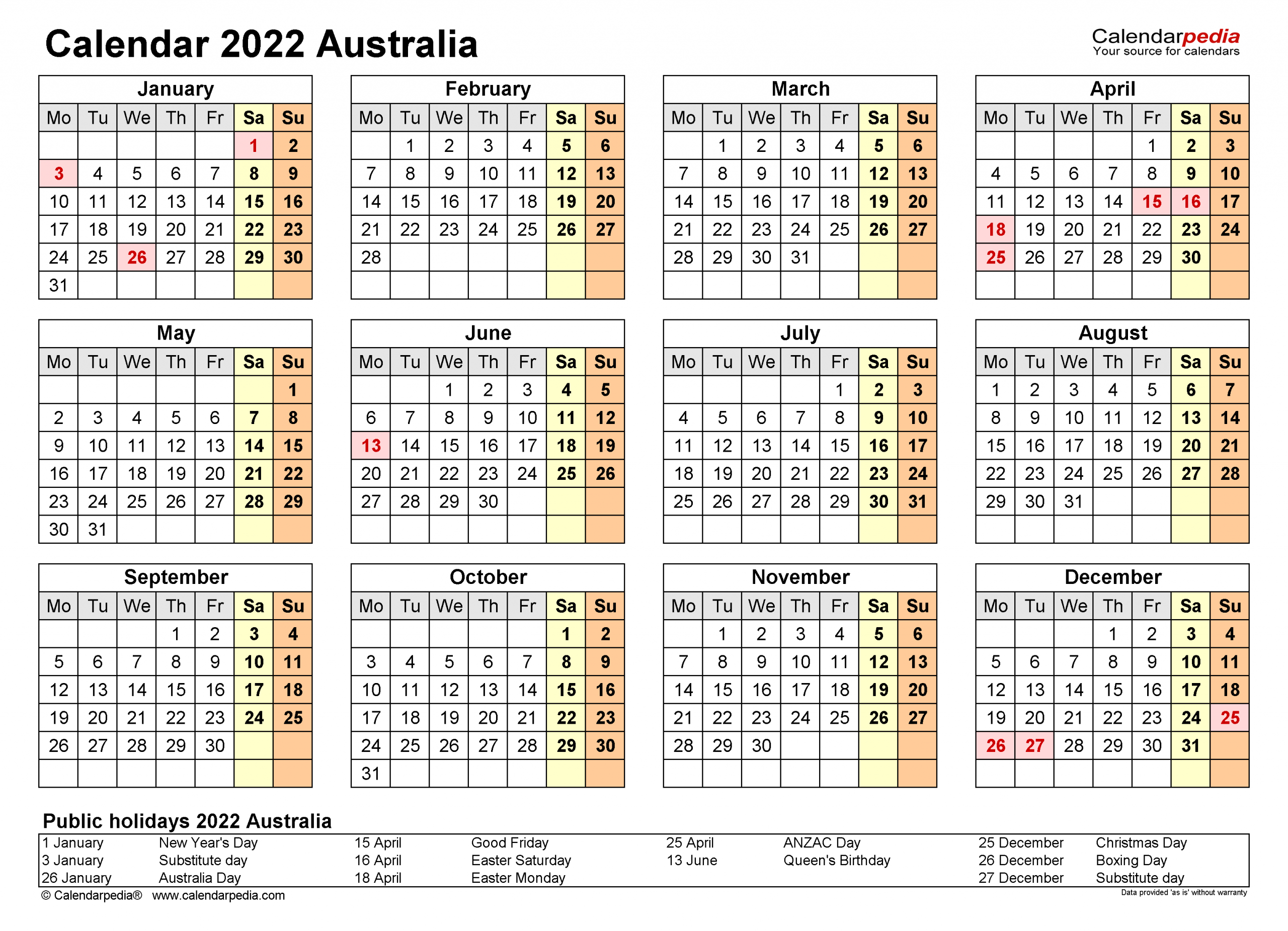 2022 Calendar With Wa Public Holidays - Trutwo