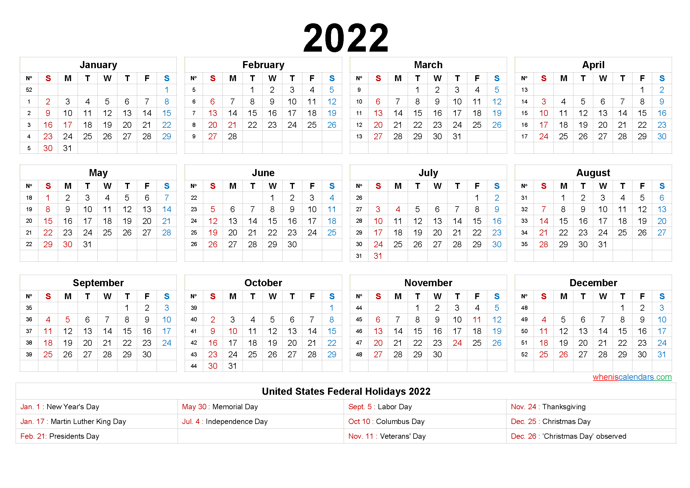 2022 Calendar With Week Numbers Printable - 9 Templates