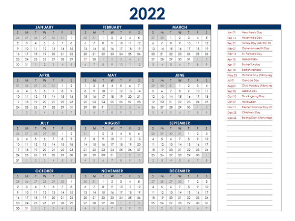2022 Canada Annual Calendar With Holidays - Free Printable
