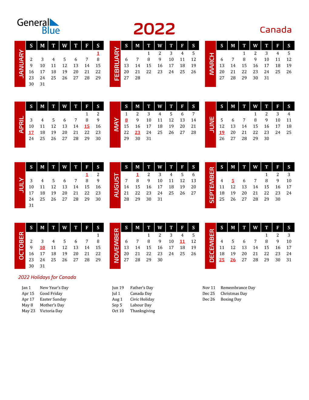 2022 Canada Calendar With Holidays