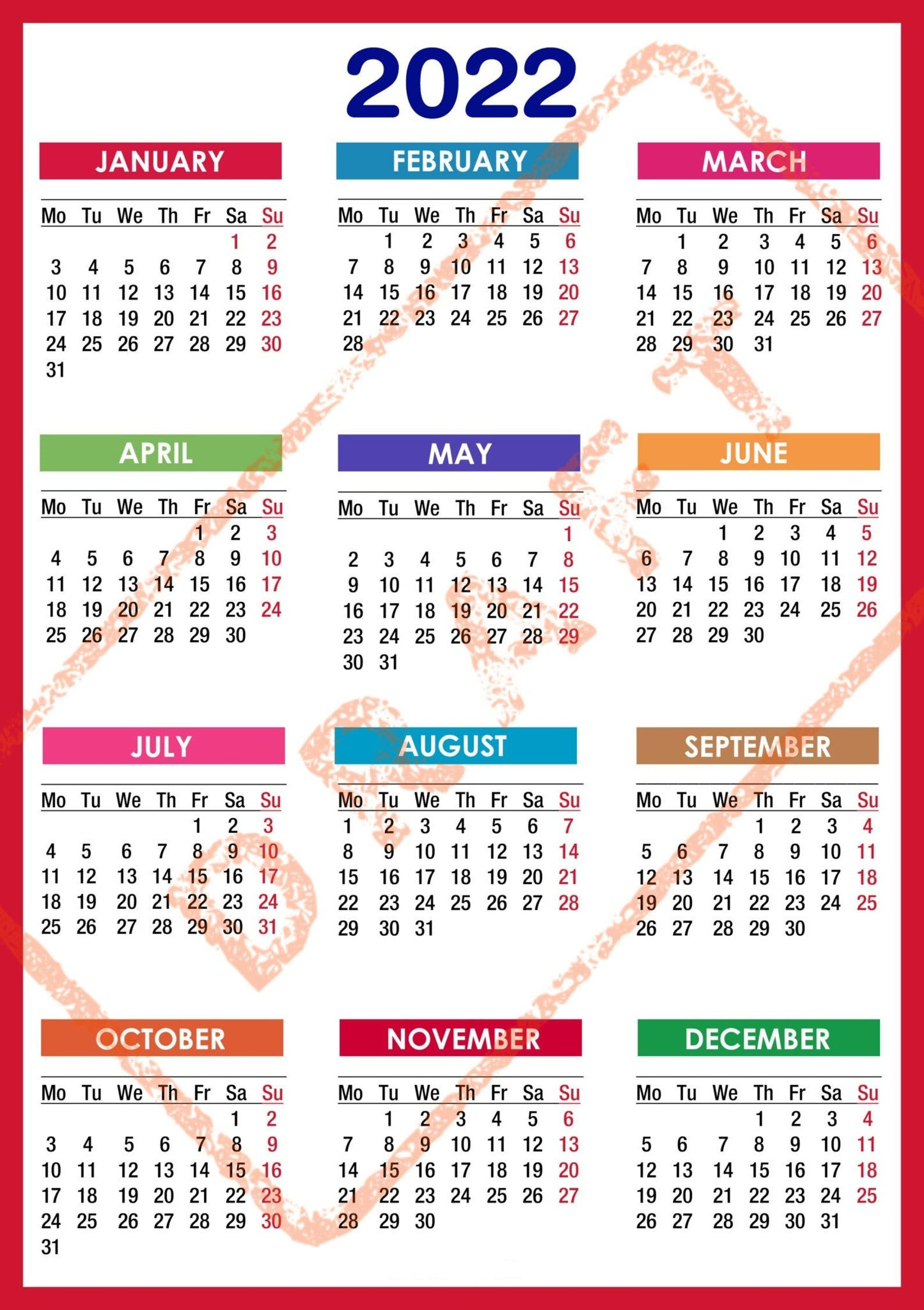 2022 Colorful Calendar Printable Yearly Calendar 12-Months