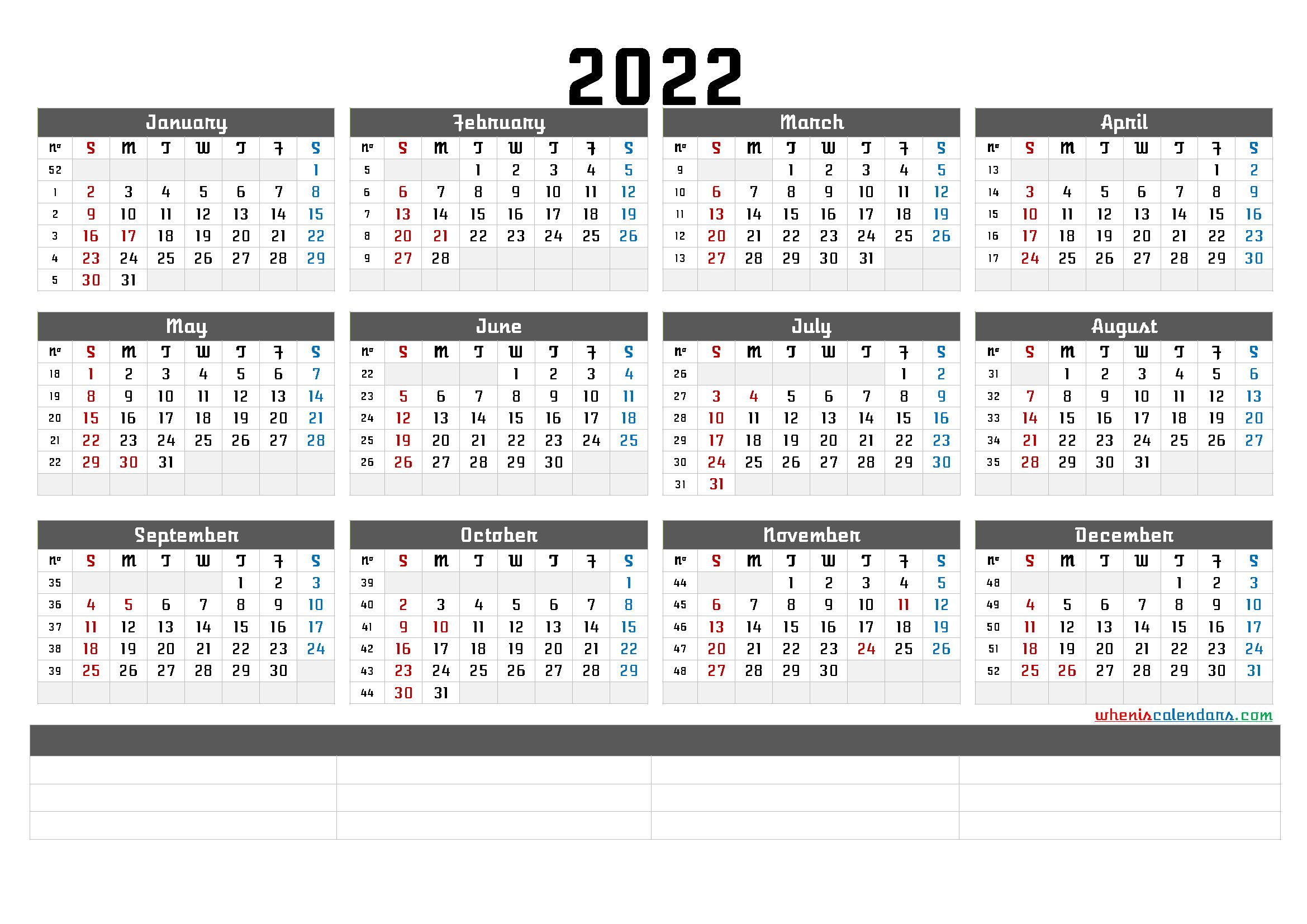 2022 Free Printable Yearly Calendar With Week Numbers (6