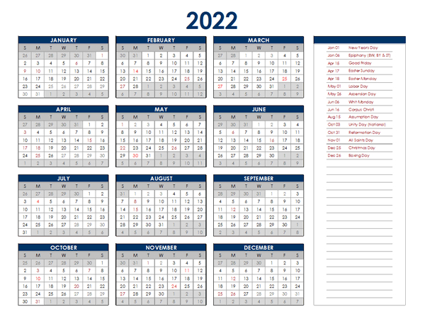 2022 Germany Annual Calendar With Holidays - Free